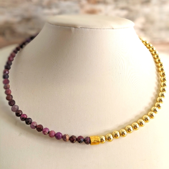 Natural Red And Pink Ruby In Assymetrical Gold Beaded Choker/Necklace - Picture 2 of 9